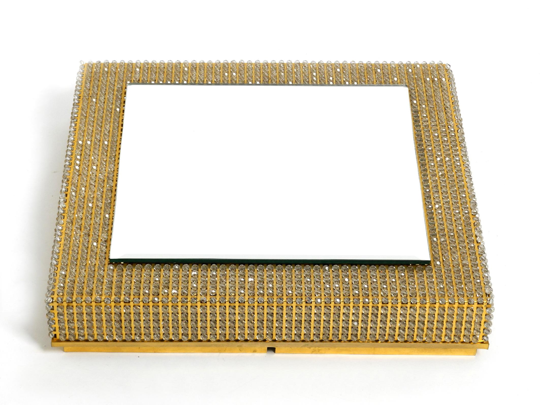 German Rare Square 1960s Brass Wall Backlit Mirror, Frame with Glass Beads by Palwa For Sale