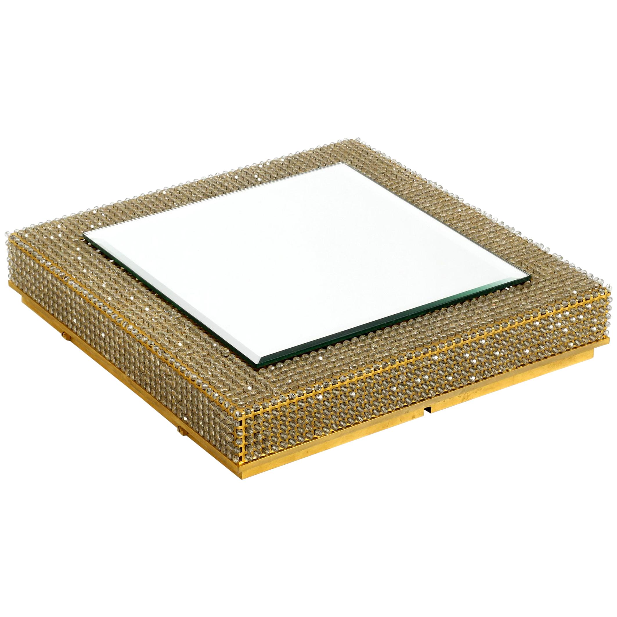 Rare Square 1960s Brass Wall Backlit Mirror, Frame with Glass Beads by Palwa