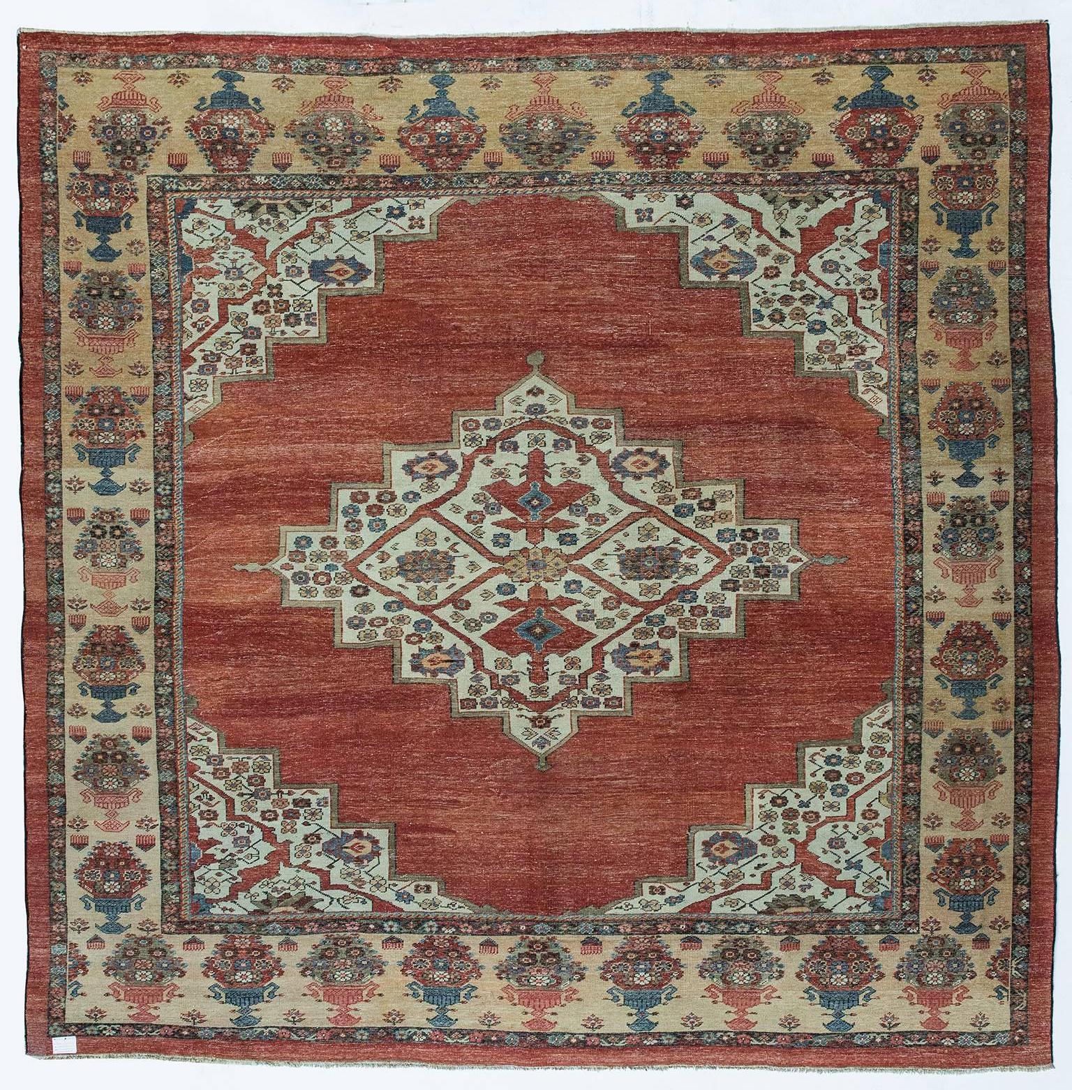 Rare perfect antique Azeri rug, square sizes, pastel elegant colors, from my private collection.
This carpet is one of the most beautiful and elegant oriental antique carpets that I have seen: it's in a class by itself, with its own personality and