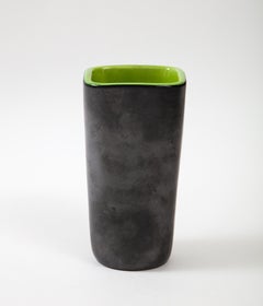 Rare Square Elchinger Matte Black Vase with Chartreuse Interior, France, c. 1950
