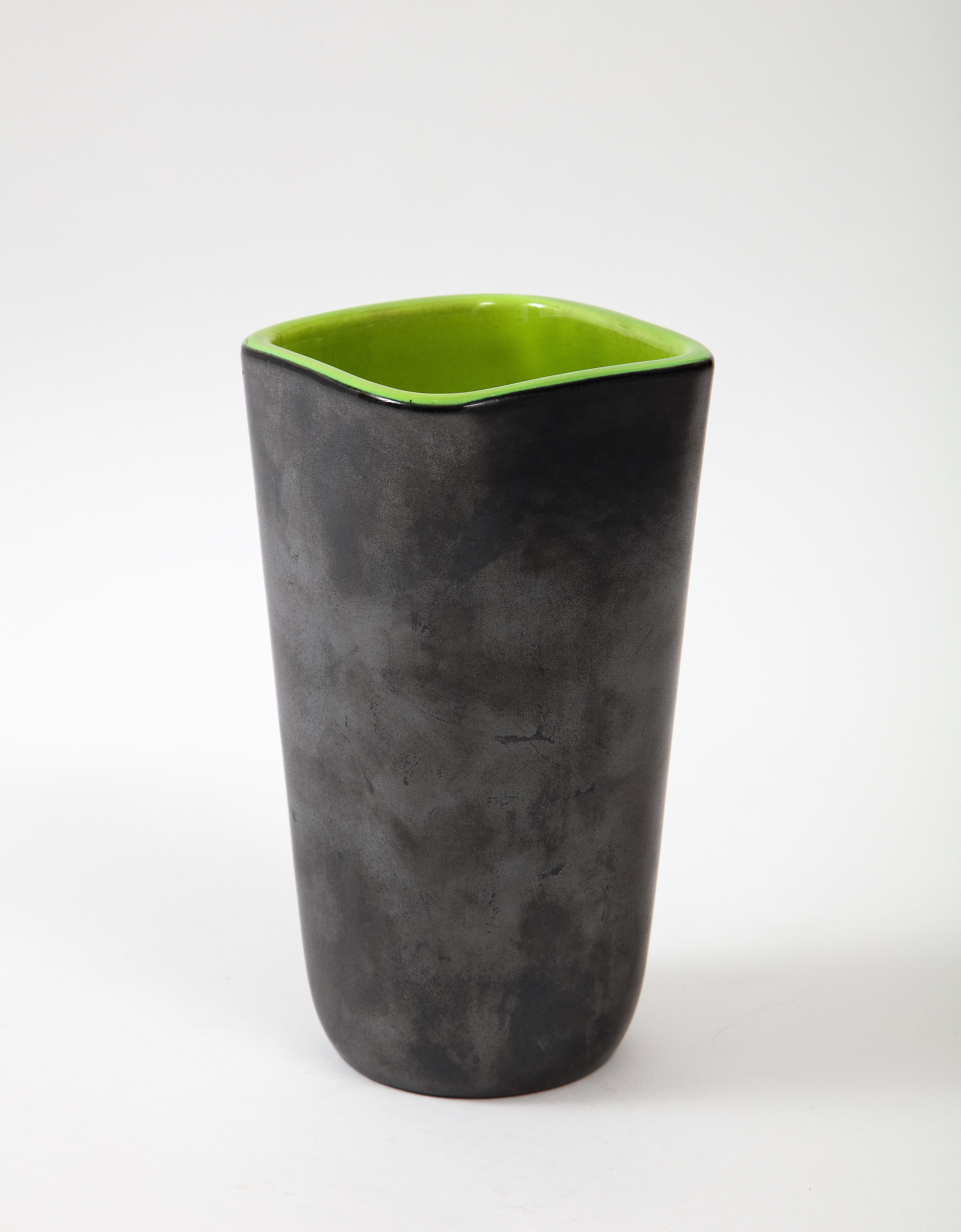 Mid-Century Modern Rare Square Elchinger Matte Black Vase with Chartreuse Interior, France, c. 1950