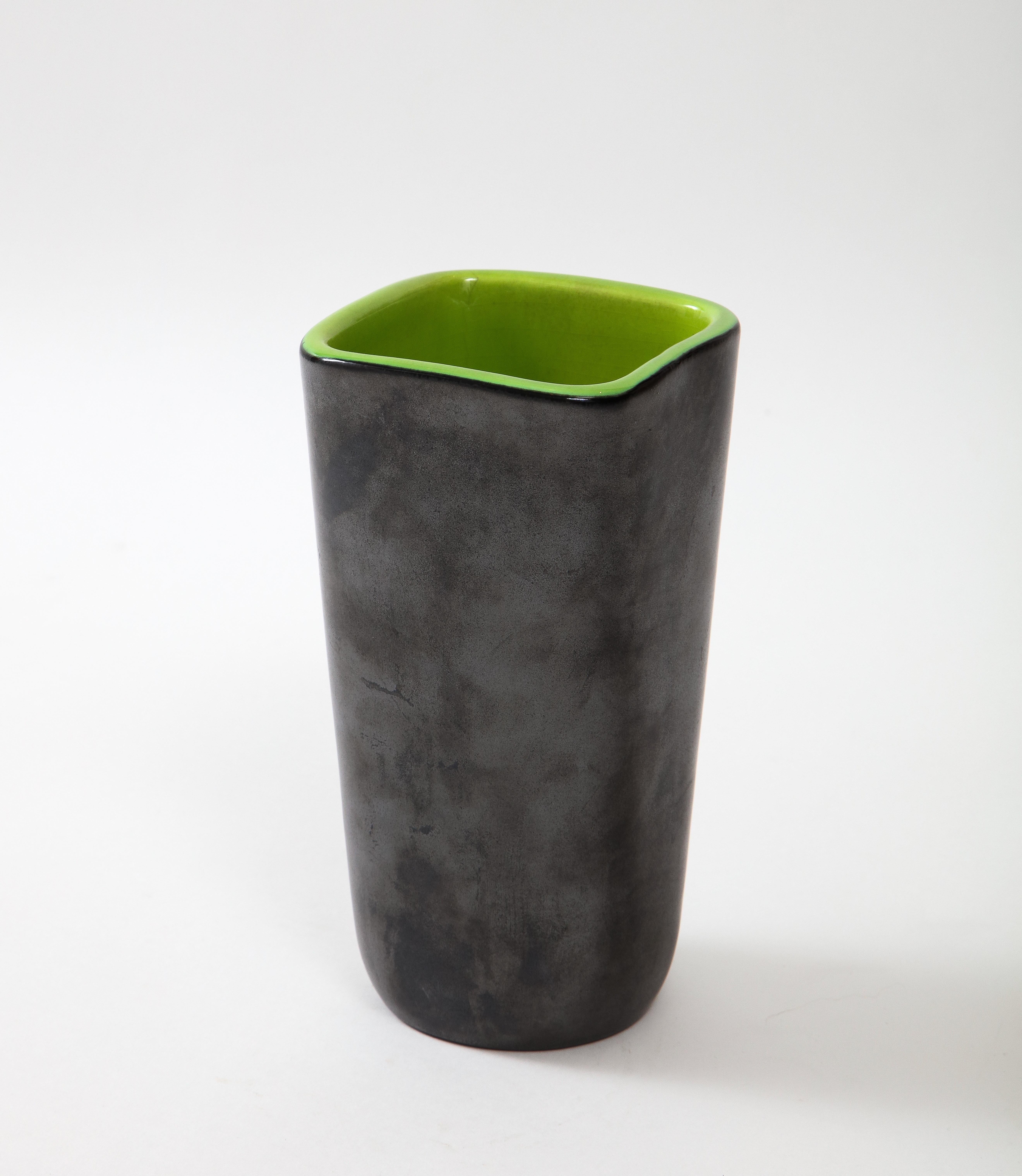 French Rare Square Elchinger Matte Black Vase with Chartreuse Interior, France, c. 1950