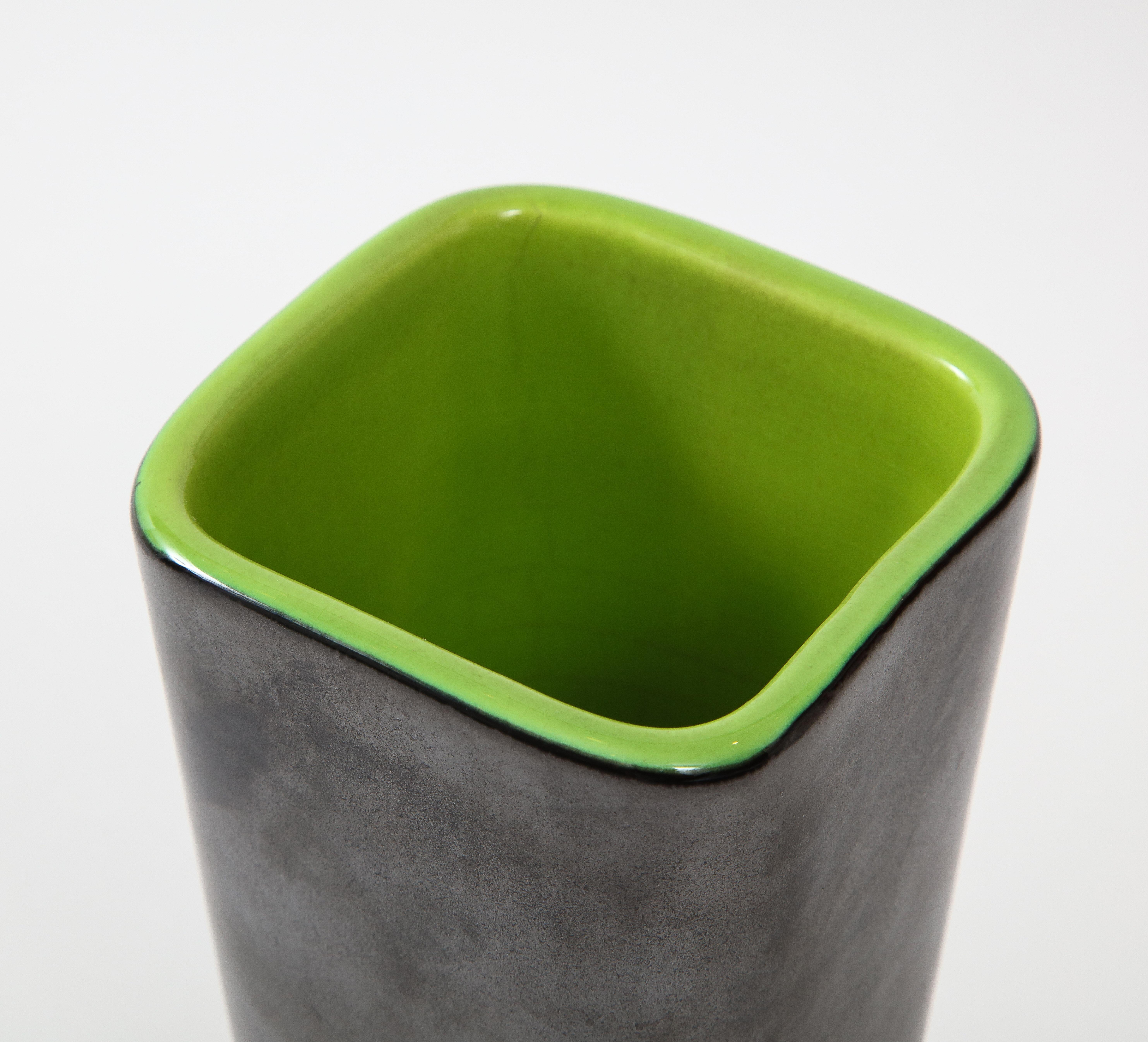 Rare Square Elchinger Matte Black Vase with Chartreuse Interior, France, c. 1950 In Good Condition In Brooklyn, NY