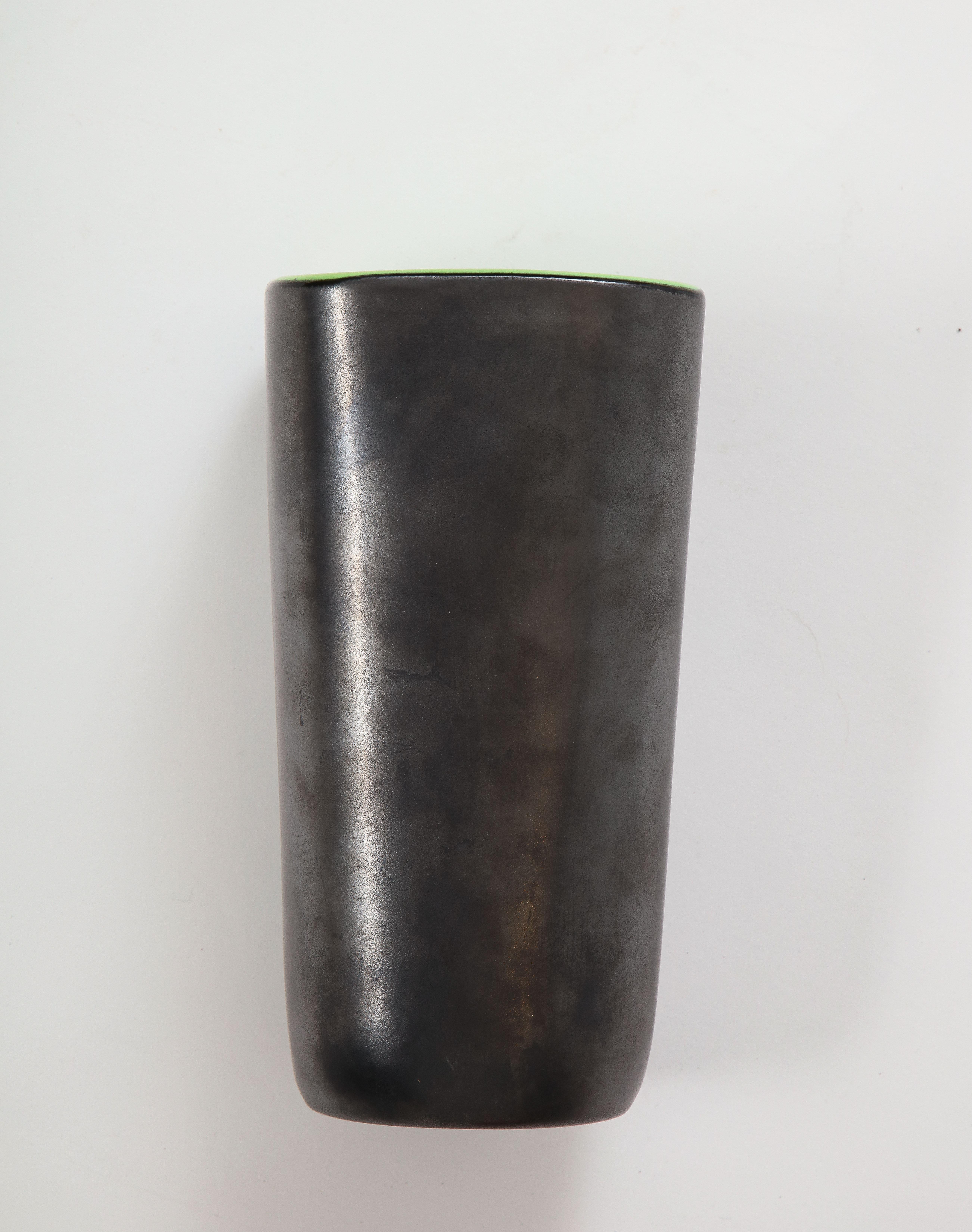 Mid-20th Century Rare Square Elchinger Matte Black Vase with Chartreuse Interior, France, c. 1950