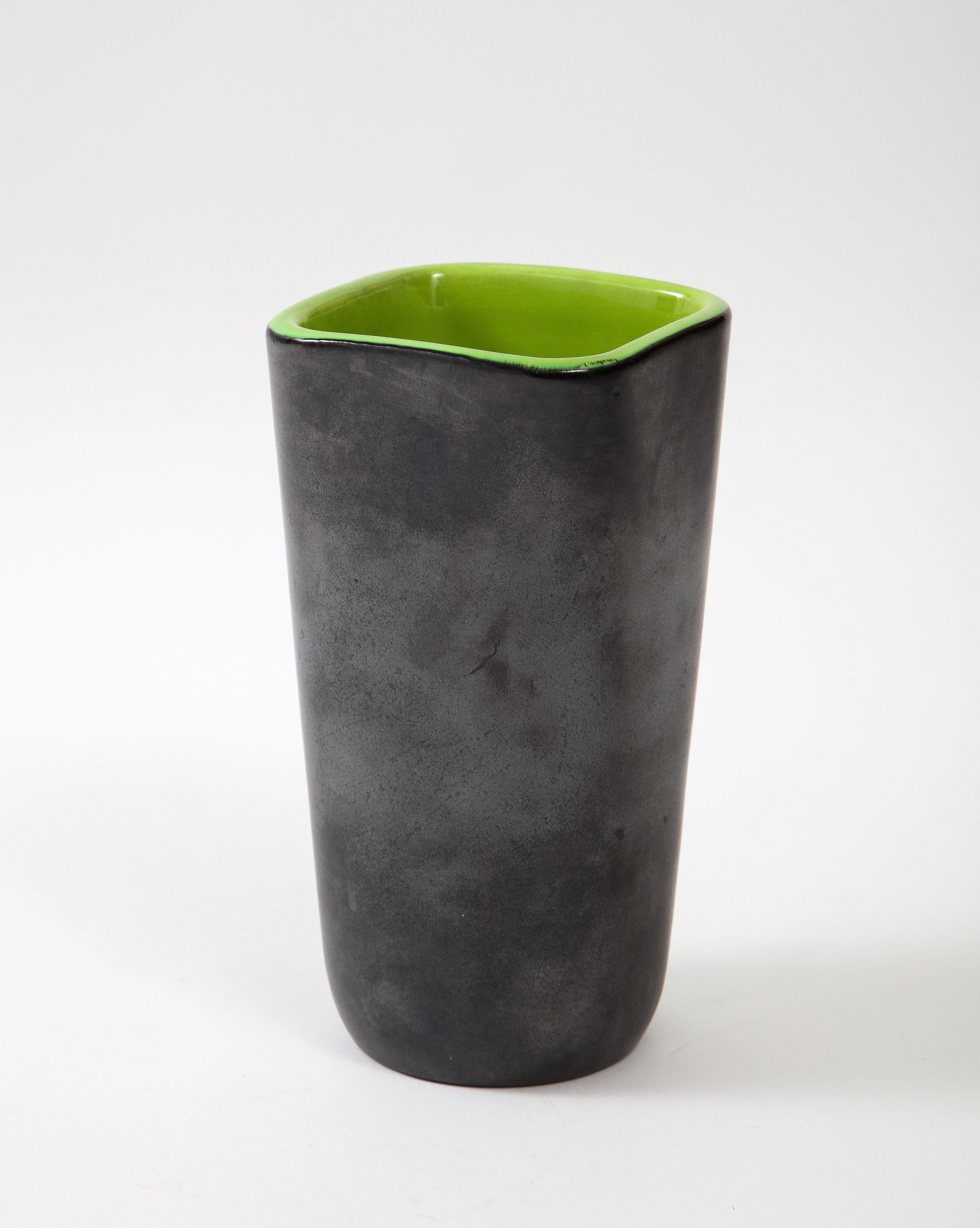 Rare Square Elchinger Matte Black Vase with Chartreuse Interior, France, c. 1950 1