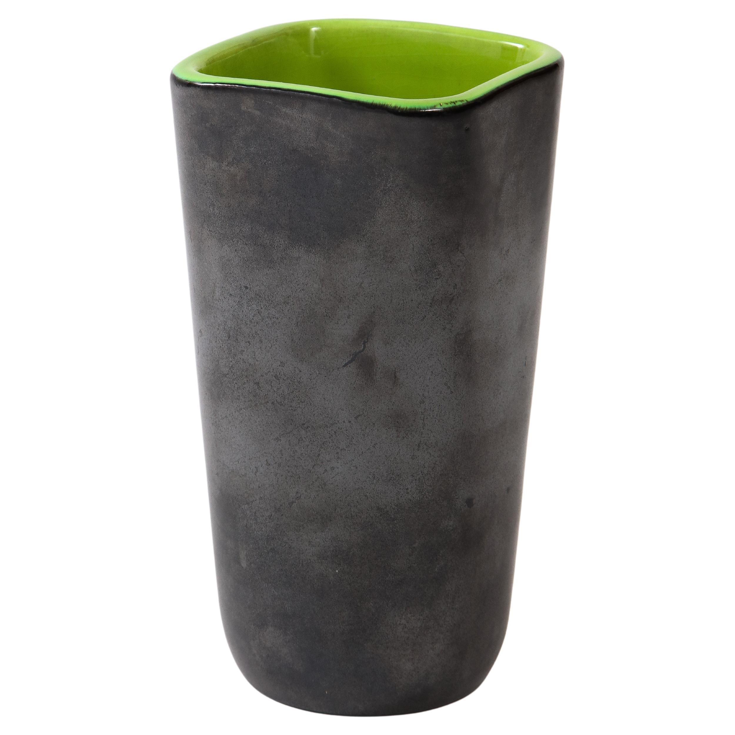 Rare Square Elchinger Matte Black Vase with Chartreuse Interior, France, c. 1950