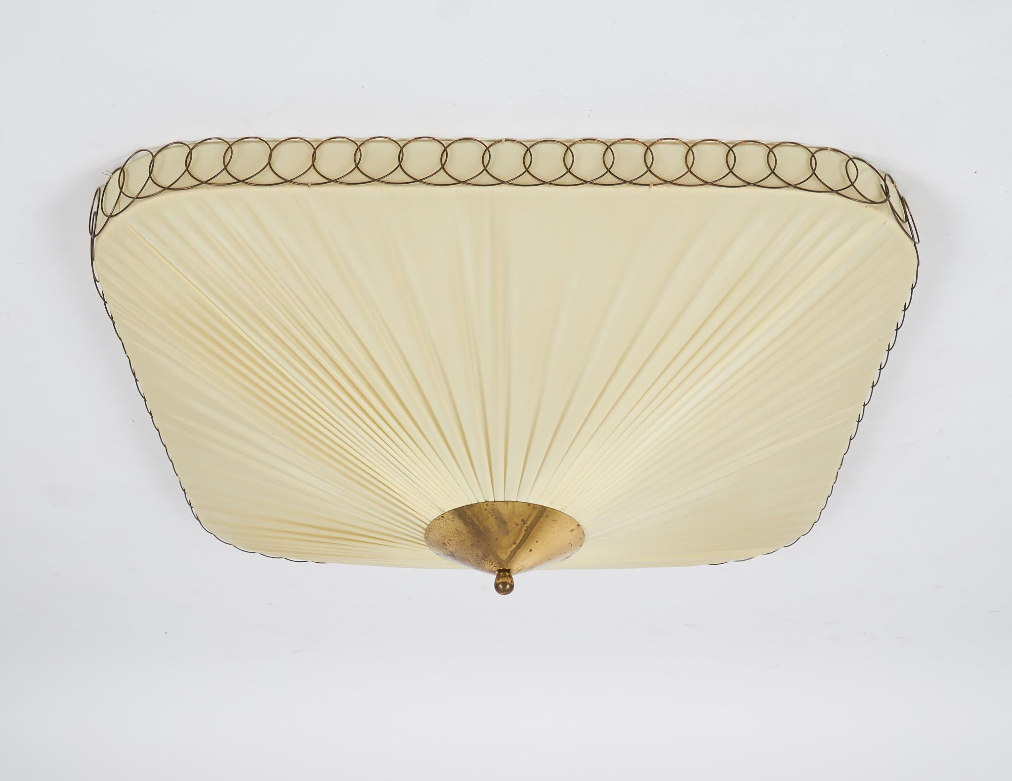A very rare square ceiling light / sconce / fixture by Idman, Finland, 1950s.  Good original vintage condition.   A very small hole to the silk near the brass rose - but this is not visible to the eye and is not visible when the lamp is on.  Local