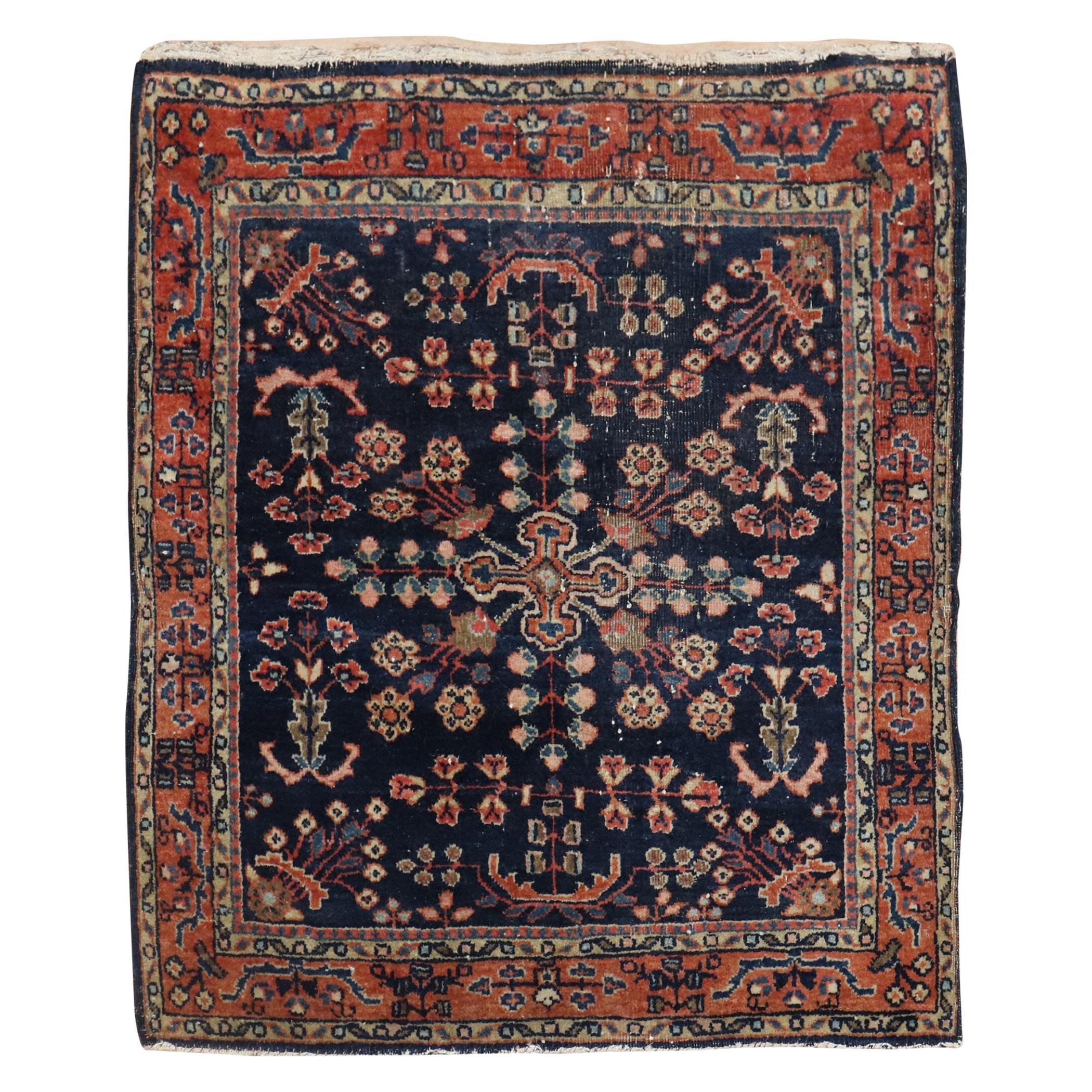 Antique Square Navy Sarouk Scatter Mini Rug For Sale