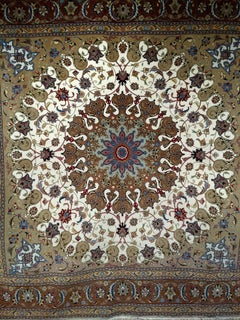Rare Square Persian Tabriz Rug in Cream & Chocolate with Silk Highlights