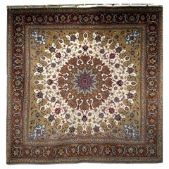 Rare Square Persian Tabriz Rug in Cream & Chocolate with Silk Highlights
