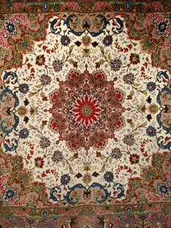 Rare Square Persian Tabriz Rug in Cream & Pink with Silk Highlights
