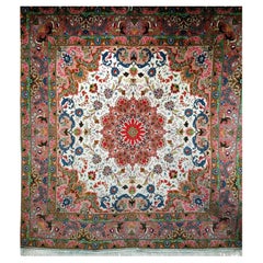 Rare Square Persian Tabriz Rug in Cream & Pink with Silk Highlights