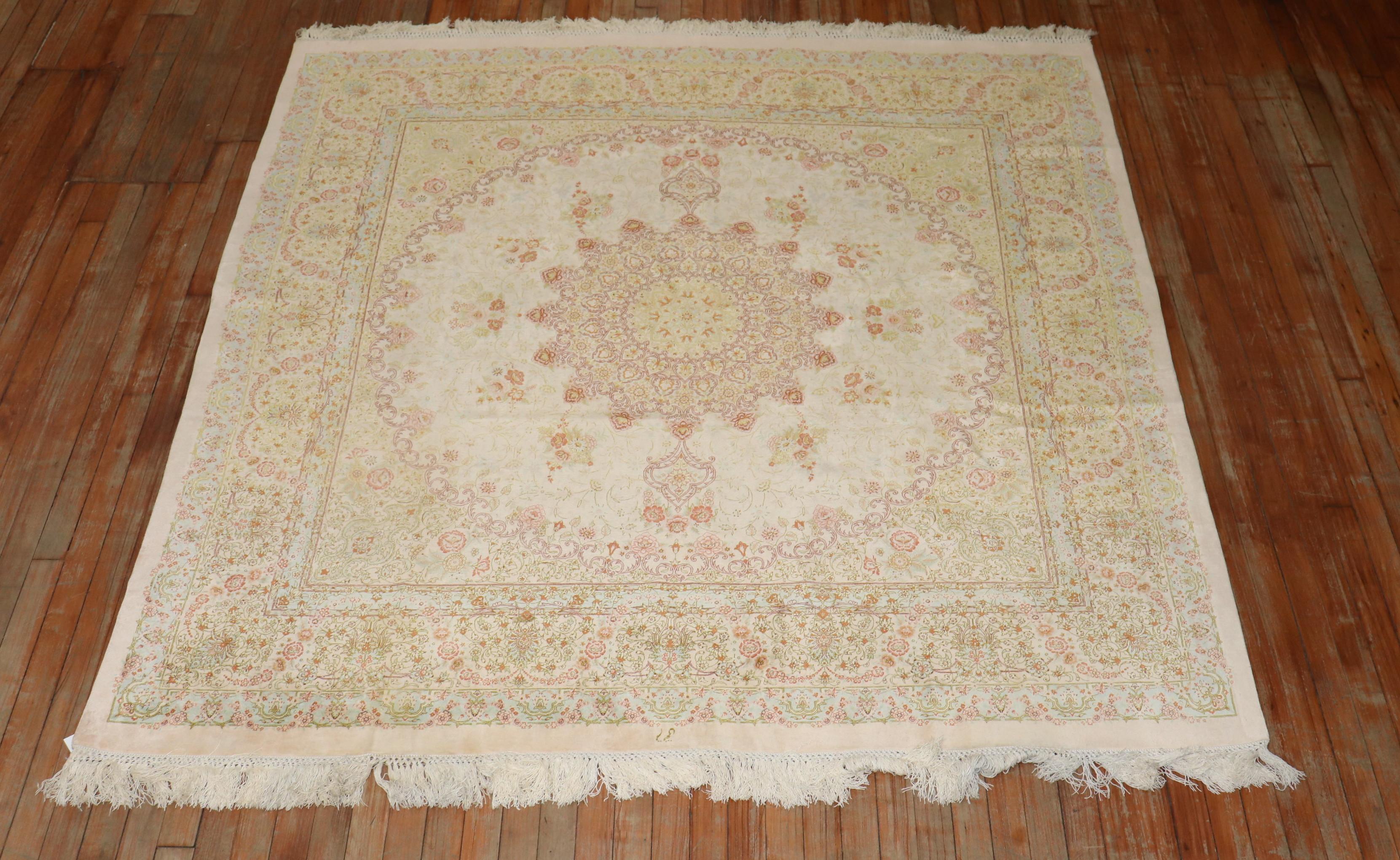 20th Century Rare Square Size Silk Persian Qum Rug For Sale