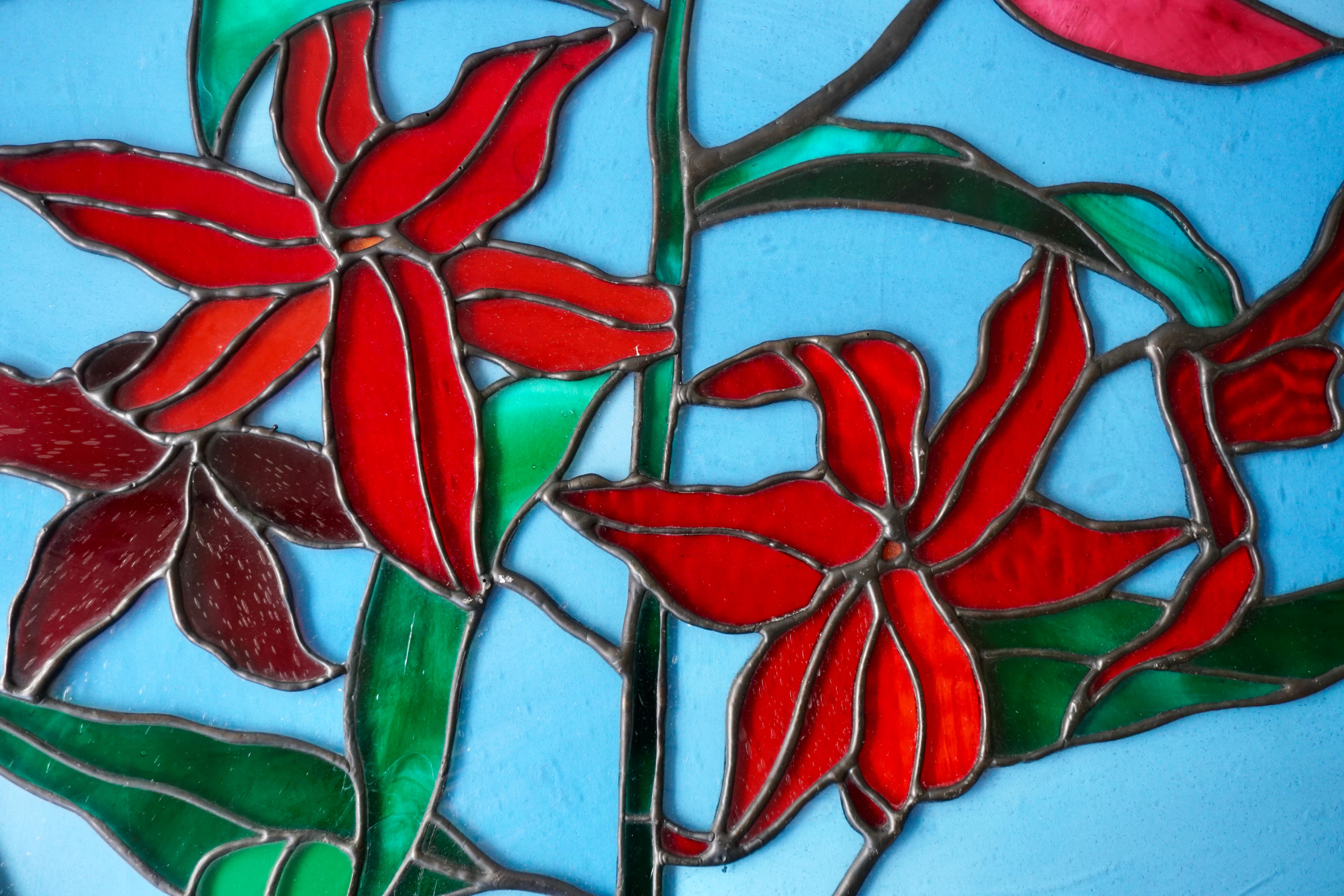 Rare Stained Glass Window Panel with Red Flowers 3