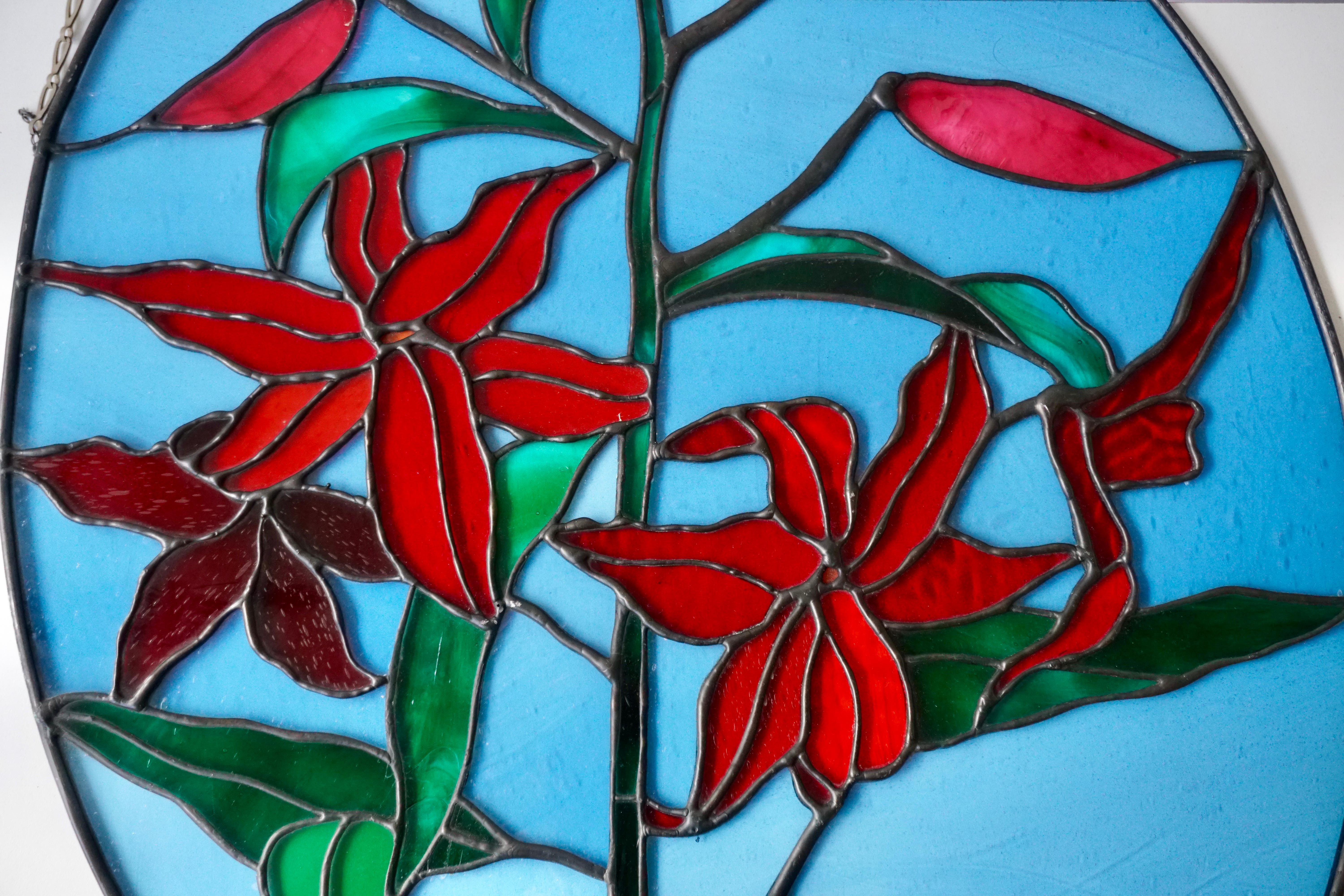 Rare Stained Glass Window Panel with Red Flowers 4
