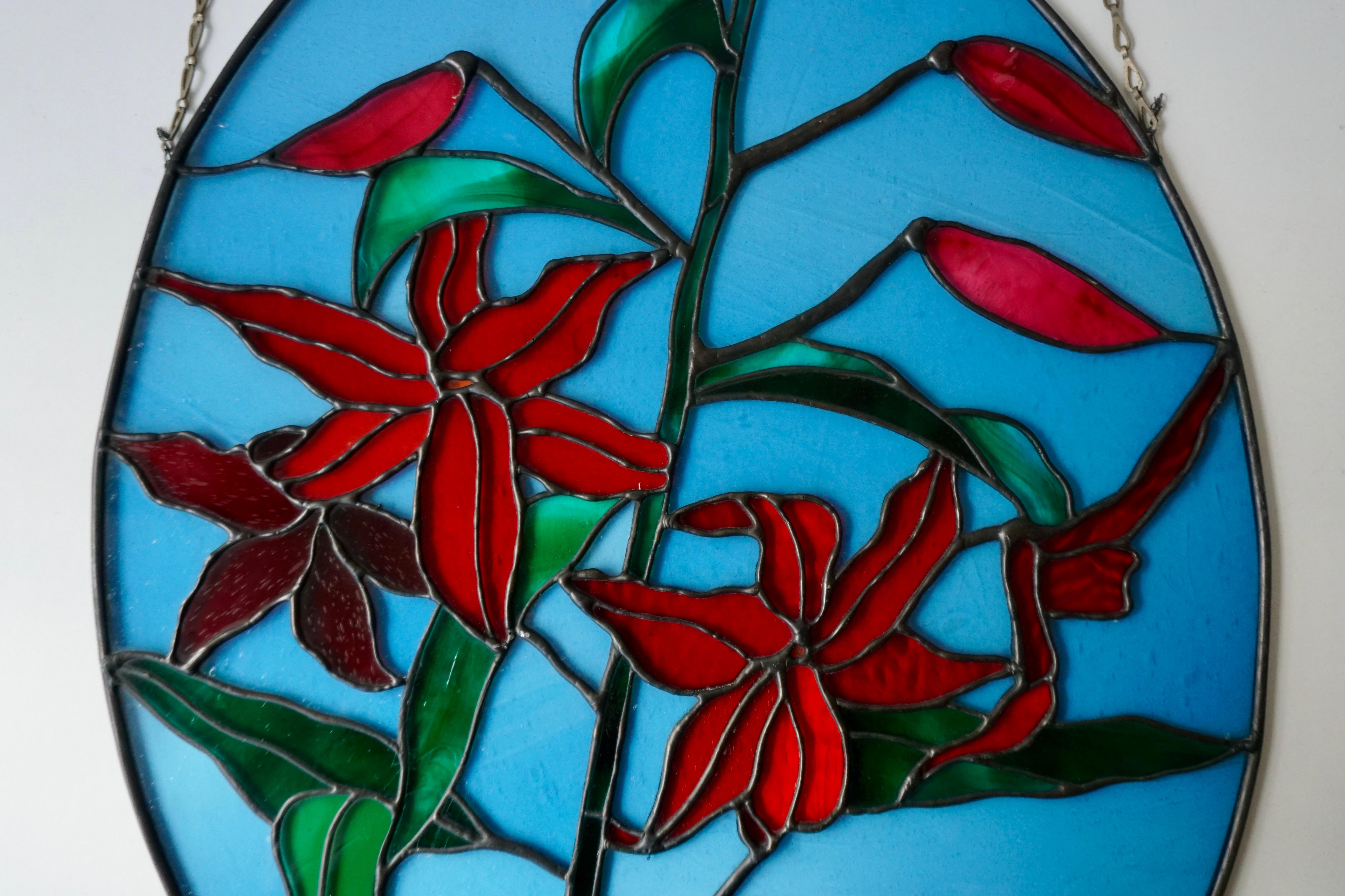 Rare Stained Glass Window Panel with Red Flowers 5