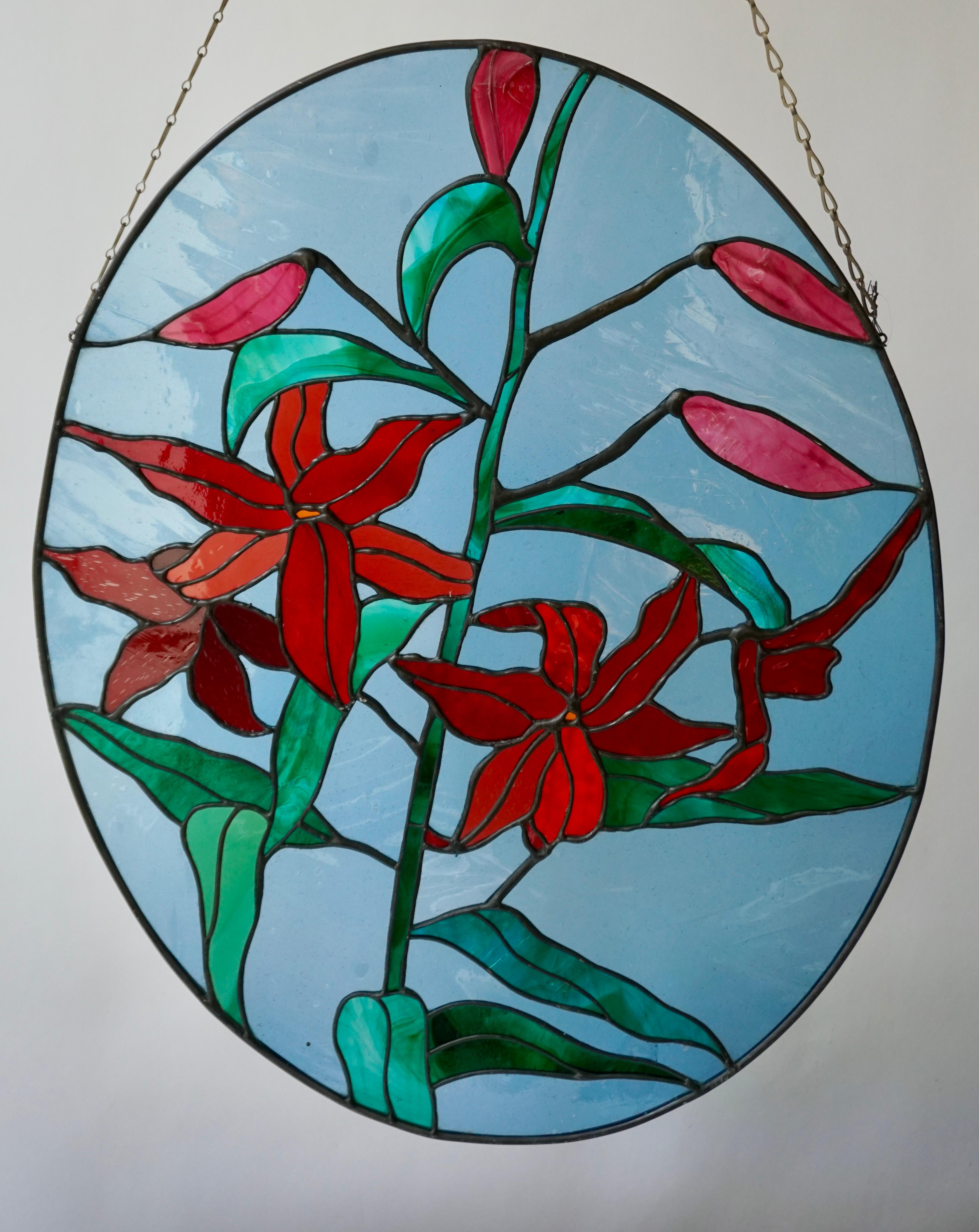Hollywood Regency Rare Stained Glass Window Panel with Red Flowers