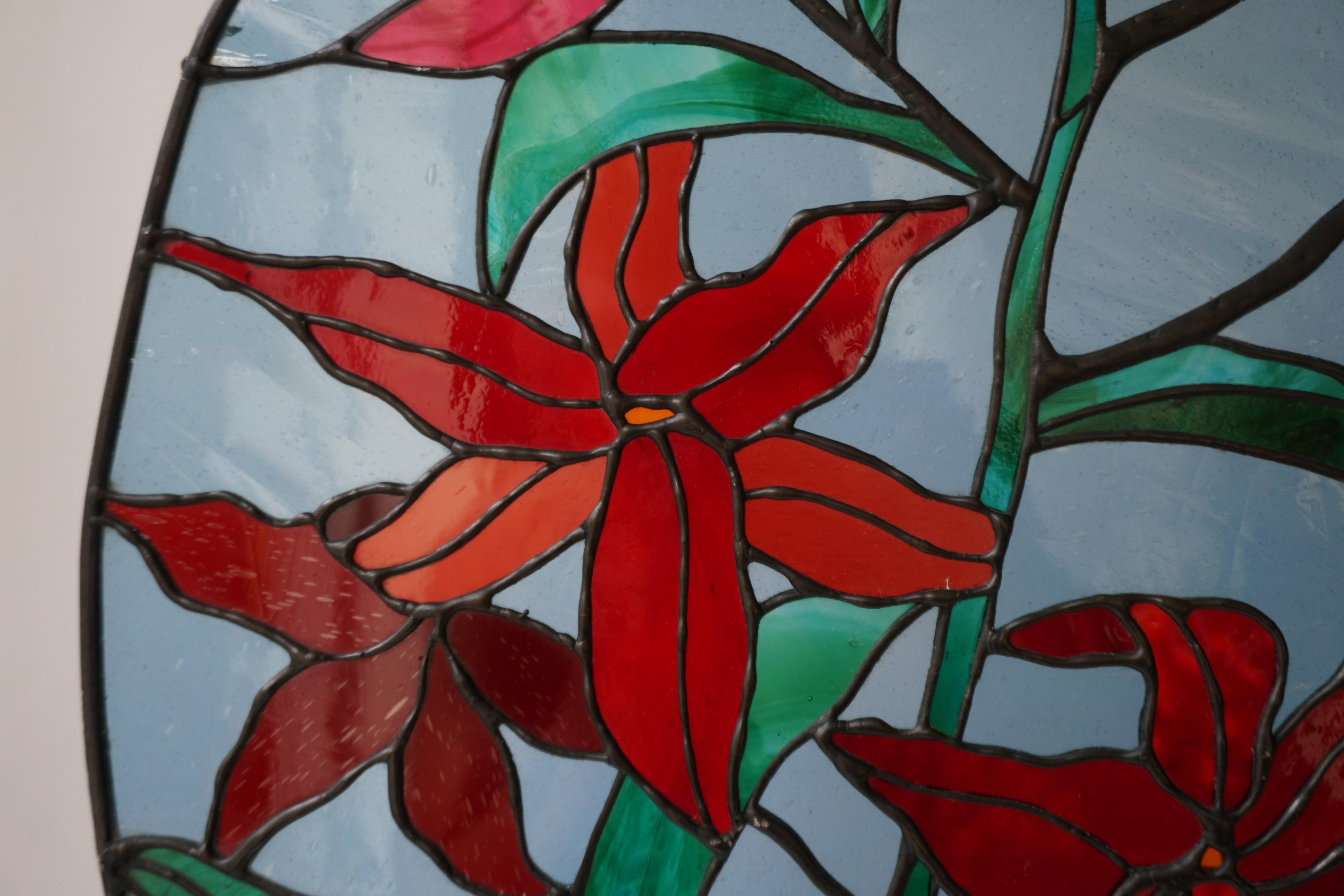 Belgian Rare Stained Glass Window Panel with Red Flowers