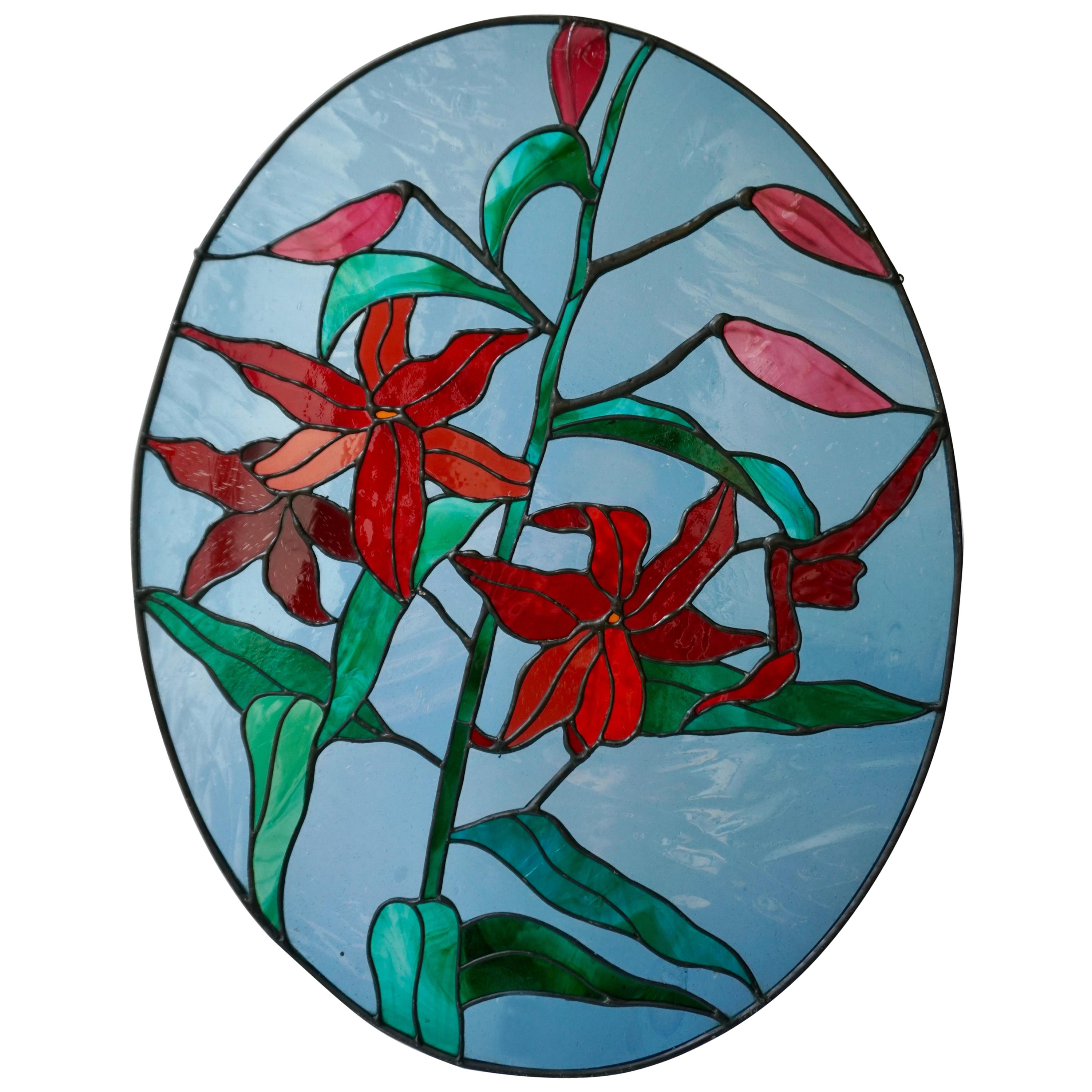 Rare Stained Glass Window Panel with Red Flowers