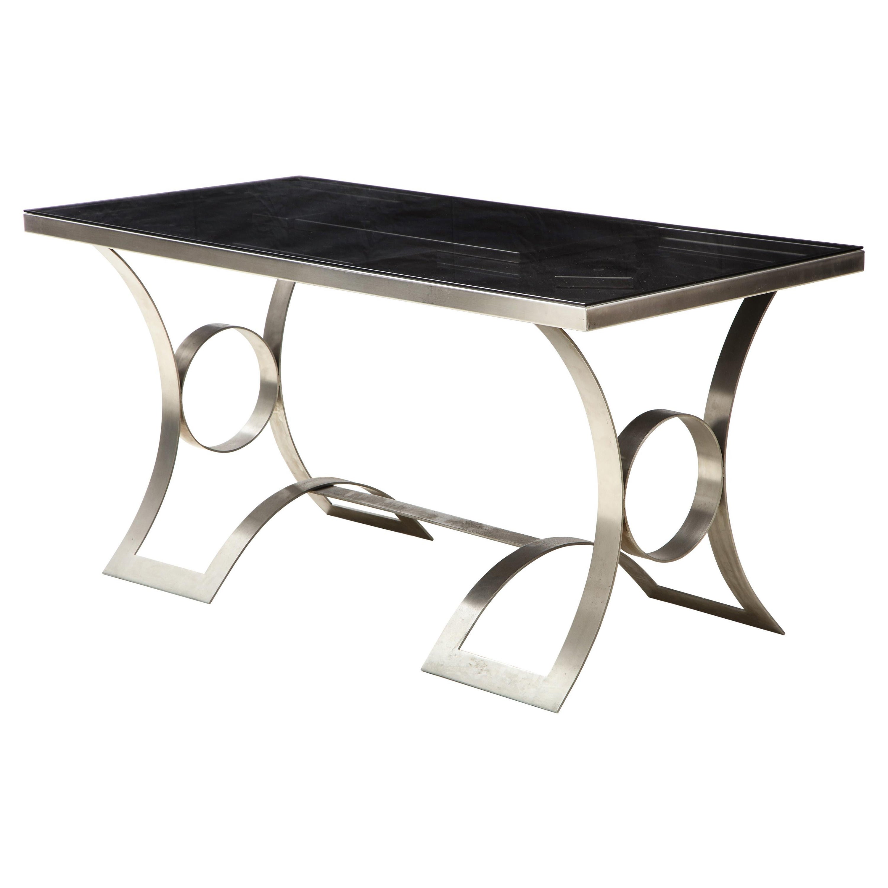 Rare Stainless Steel Desk with Smoked Grey Glass Top, France, c. 1970