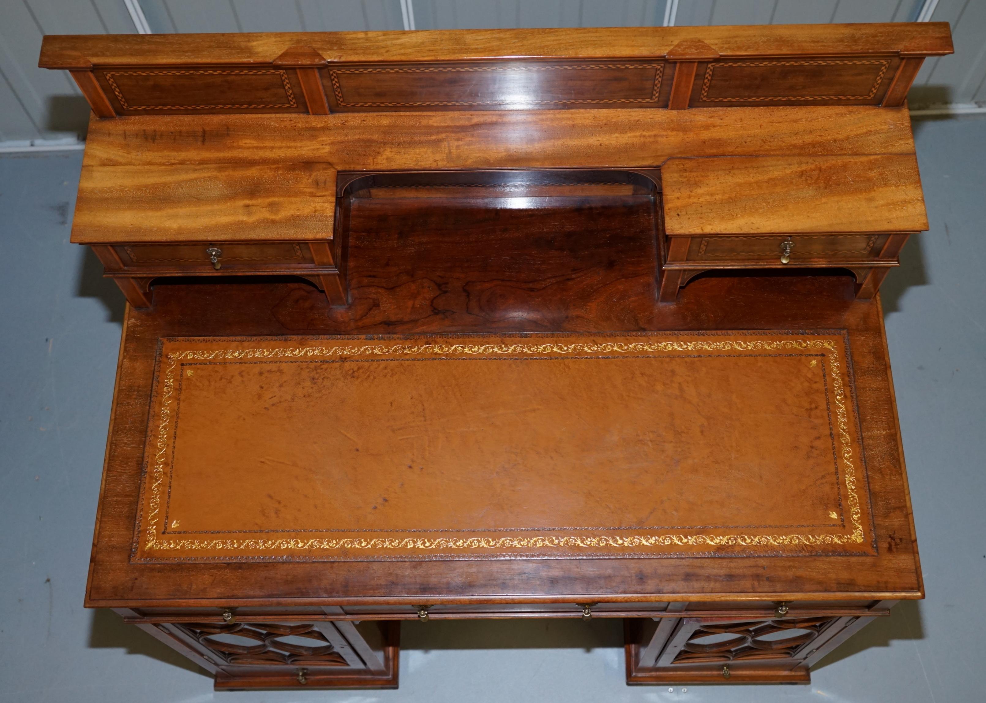 Victorian Rare Stamped William Morris & Co Astral Glazed Twin Pedestal Walnut Dickens Desk