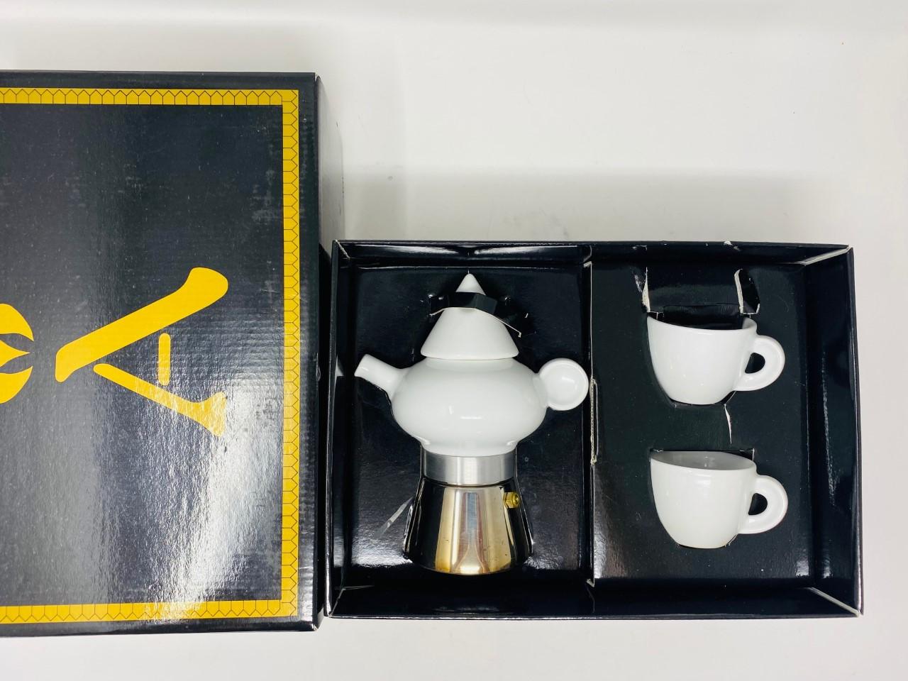 Rare Steel and Ceramic Espresso Coffee Maker and Cups by La Porcellane, Italy For Sale 4