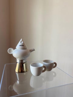 Rare Steel and Ceramic Espresso Coffee Maker and Cups by La Porcellane, Italy