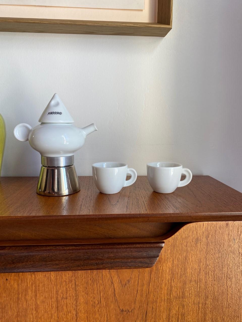 Cast Rare Steel and Ceramic Espresso Coffee Maker and Cups by La Porcellane, Italy For Sale