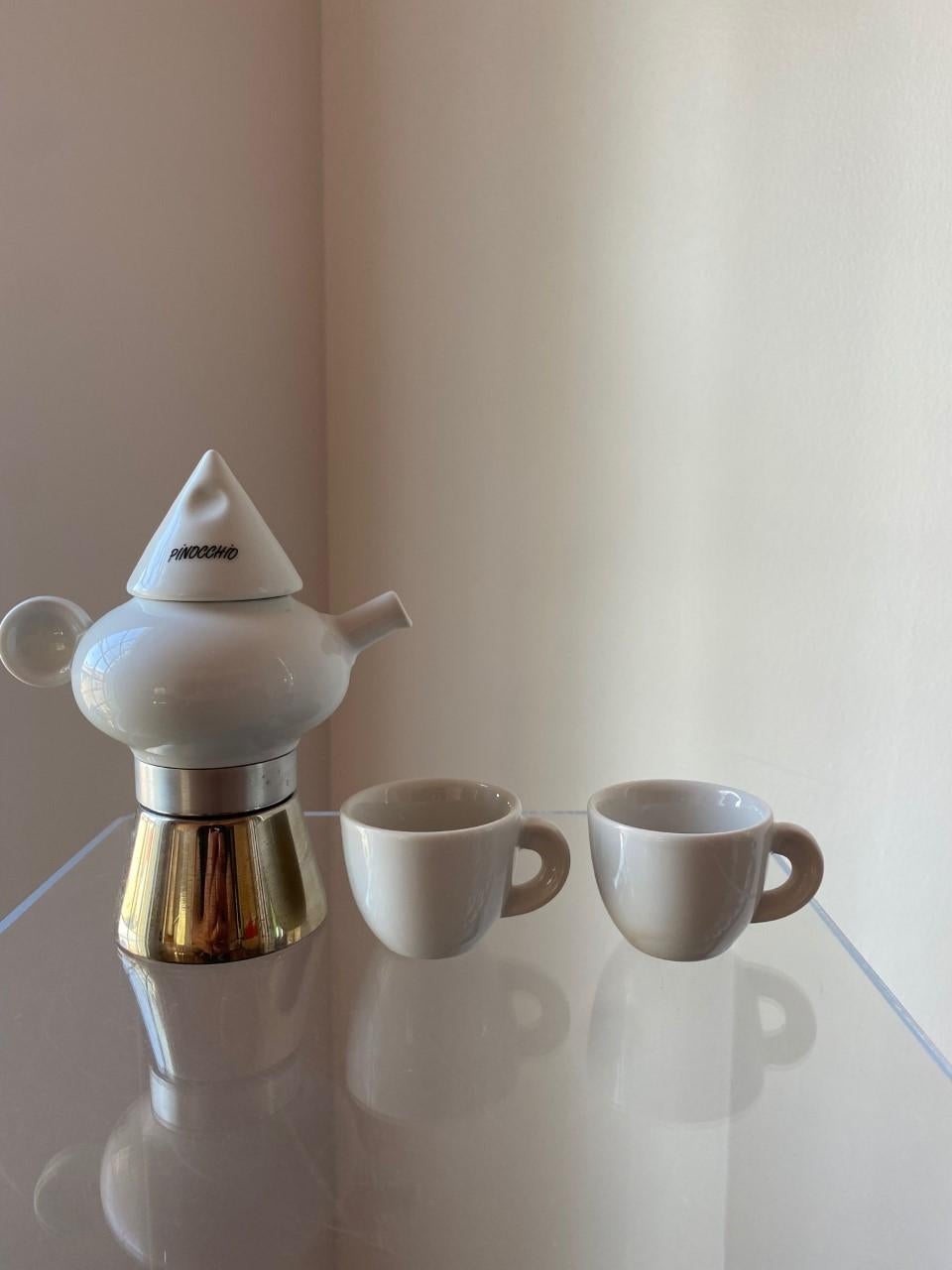 Rare Steel and Ceramic Espresso Coffee Maker and Cups by La Porcellane, Italy In Good Condition For Sale In San Diego, CA
