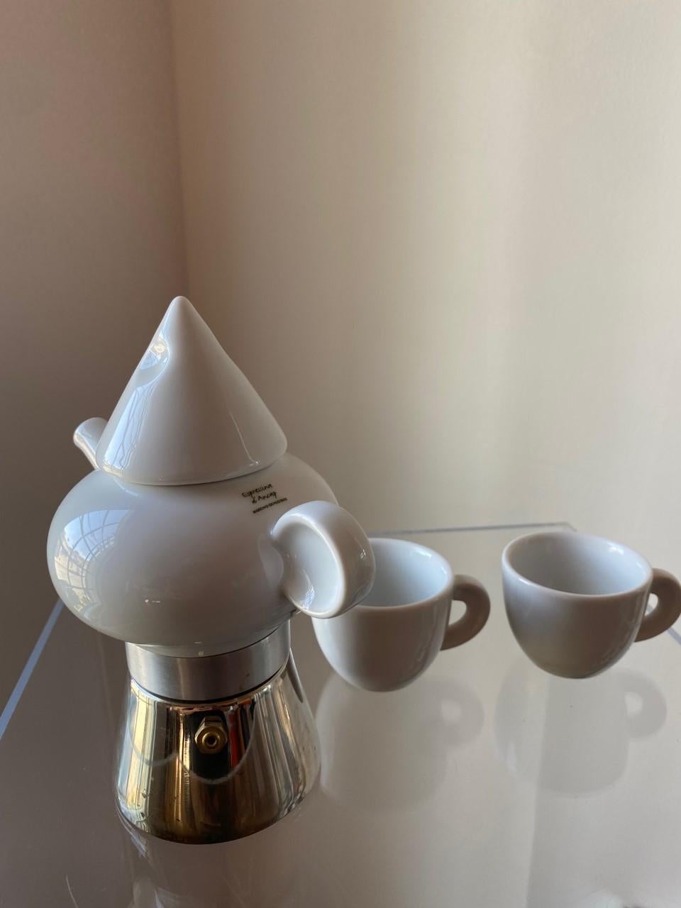 Rare Steel and Ceramic Espresso Coffee Maker and Cups by La Porcellane, Italy For Sale 1