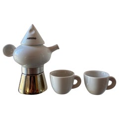 Rare cafetière et tasses à café expresso en acier et céramique de La Porcellane Italie