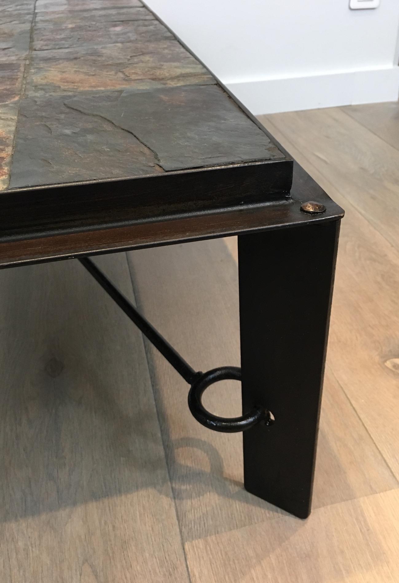 Rare Steel and Iron Coffee Table with Lava Stone Top, circa 1940 For Sale 2