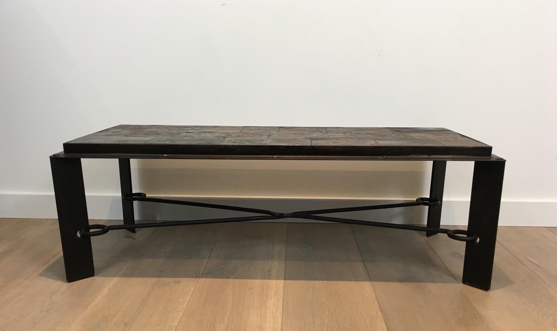 Rare Steel and Iron Coffee Table with Lava Stone Top, circa 1940 For Sale 6