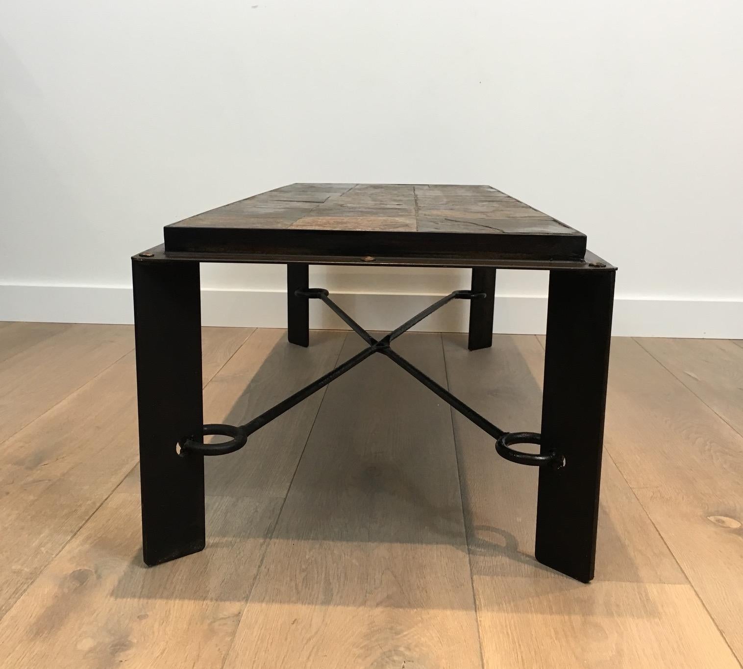 French Rare Steel and Iron Coffee Table with Lava Stone Top, circa 1940 For Sale
