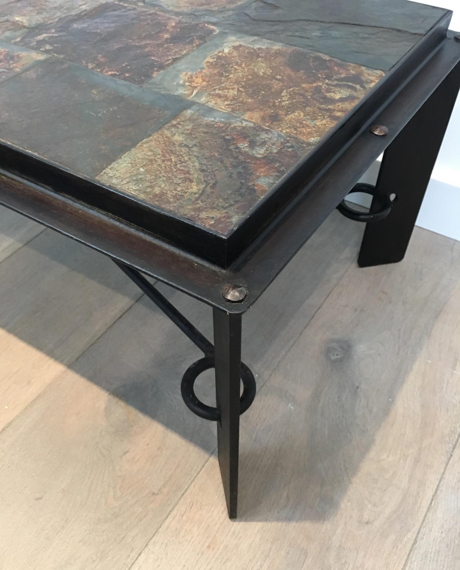 Rare Steel and Iron Coffee Table with Lava Stone Top, circa 1940 In Good Condition For Sale In Marcq-en-Barœul, Hauts-de-France