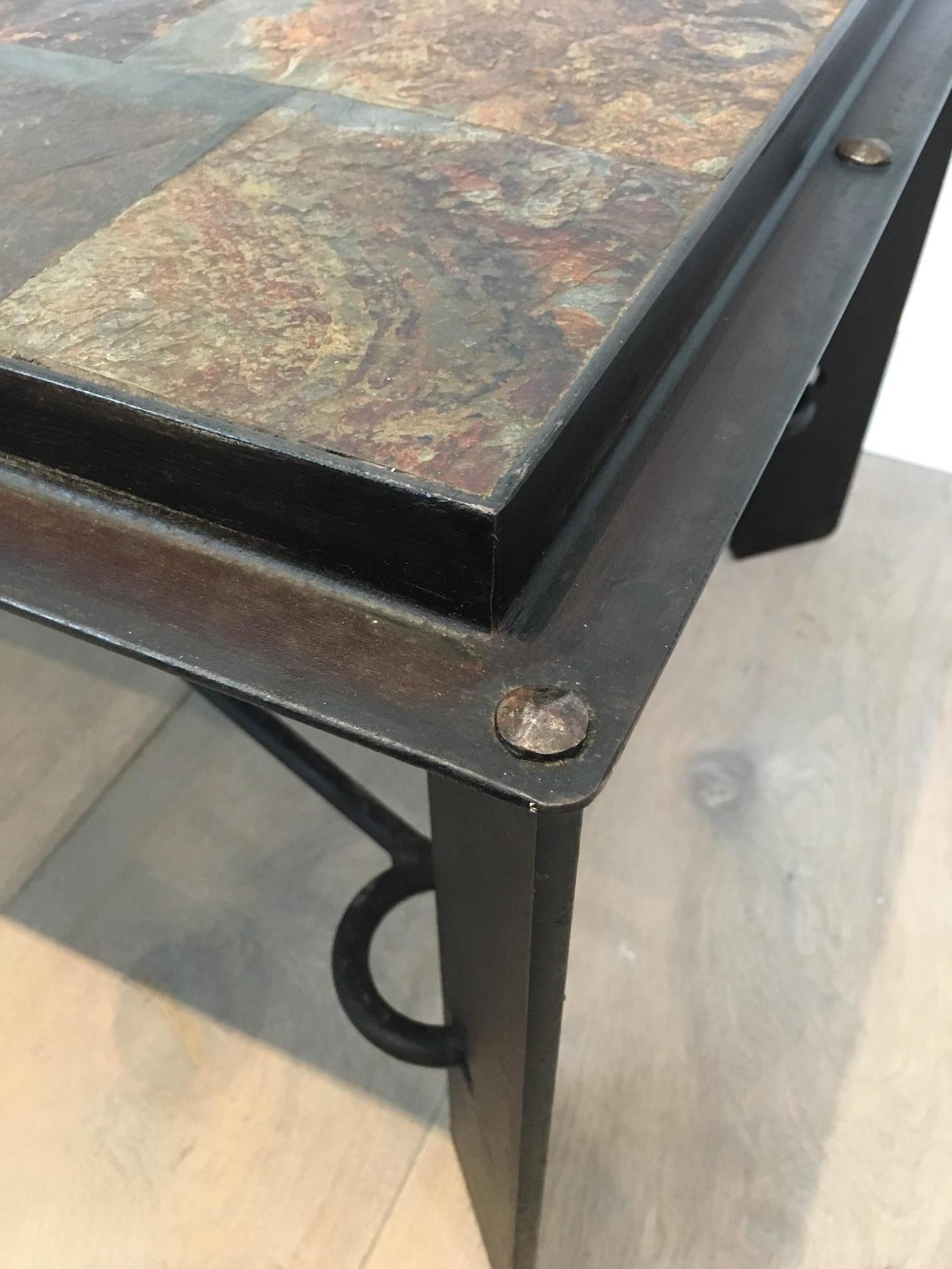 Rare Steel and Iron Coffee Table with Lava Stone Top For Sale 3
