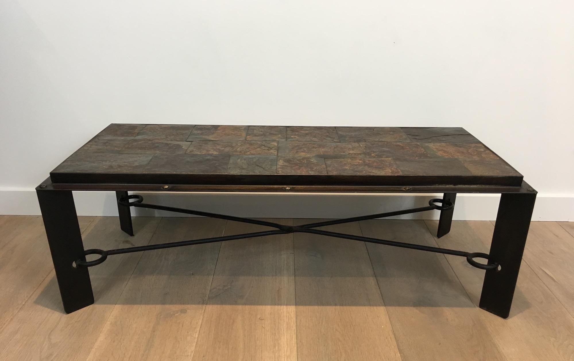Rare Steel and Iron Coffee Table with Lava Stone Top For Sale 5