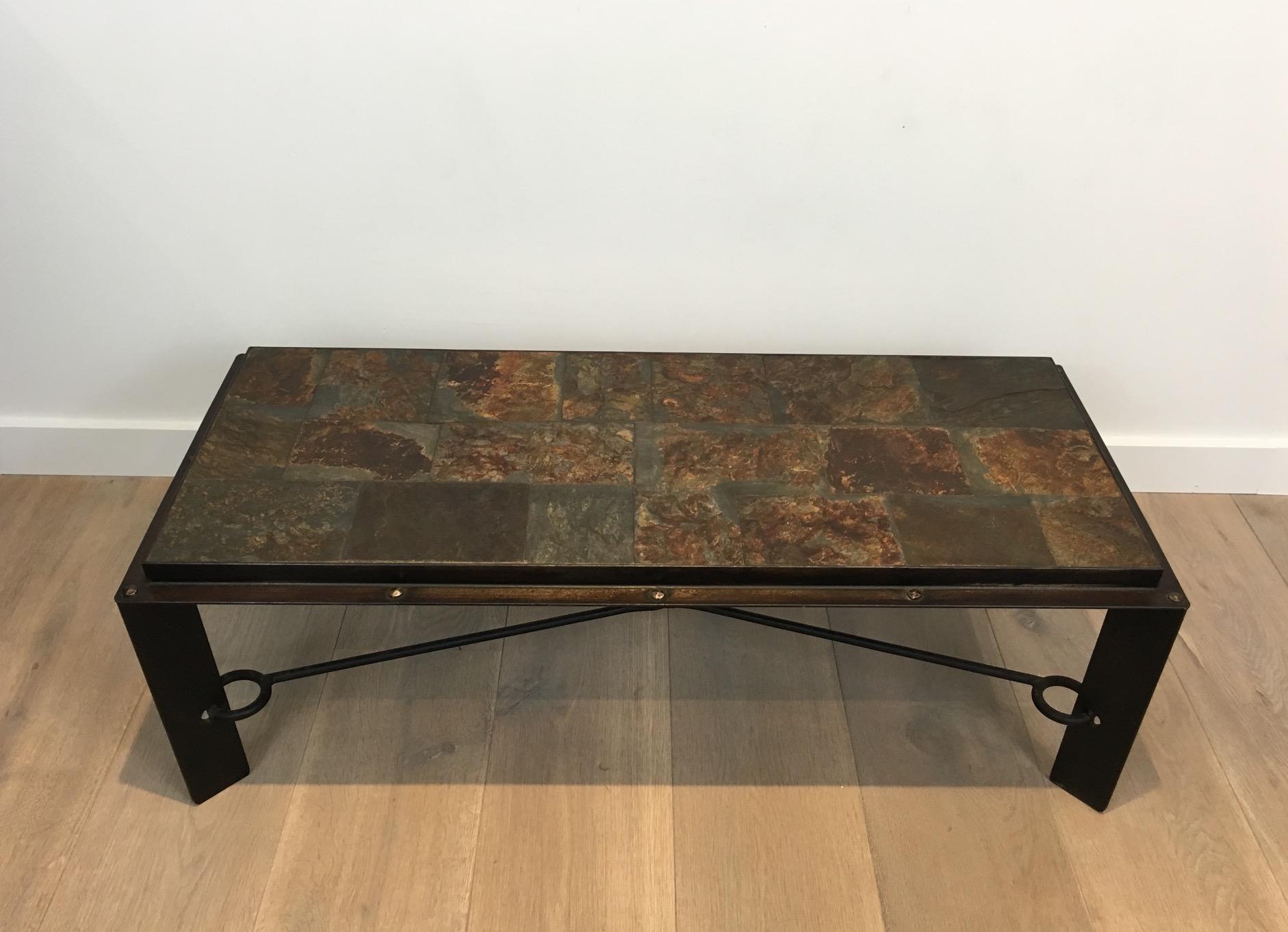 Rare Steel and Iron Coffee Table with Lava Stone Top For Sale 6