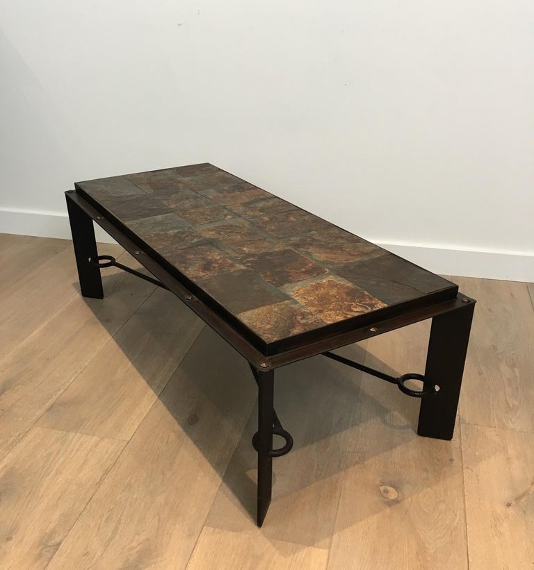 French Rare Steel and Iron Coffee Table with Lava Stone Top For Sale