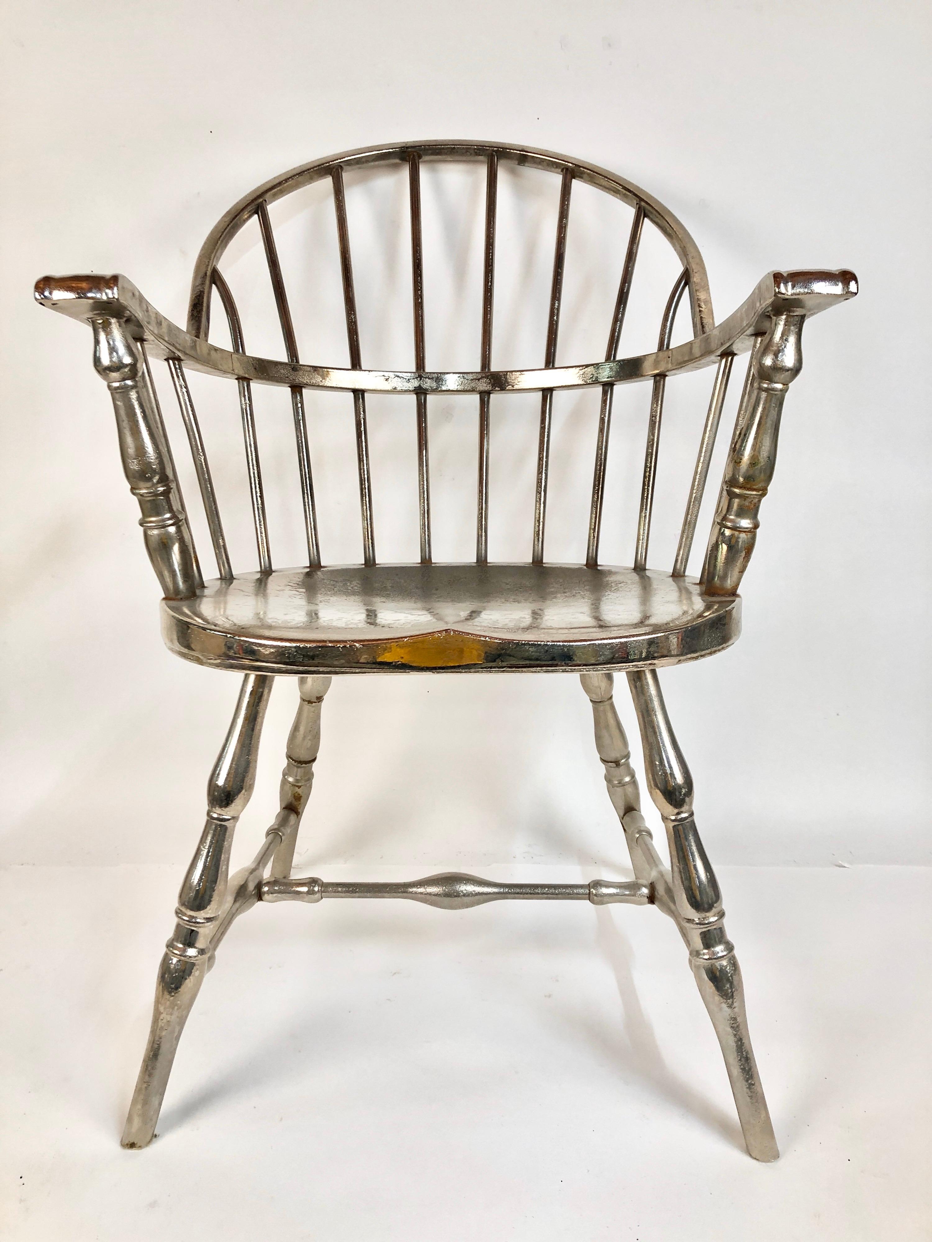 A rare all steel Windsor chair made by the Canton Art Metal Co for the Philadelphia Library, circa 1930. This one had been nickel plated at one time. Solid and extremely comfortable. Some rust spots, dings and discolorations but it great condition.
