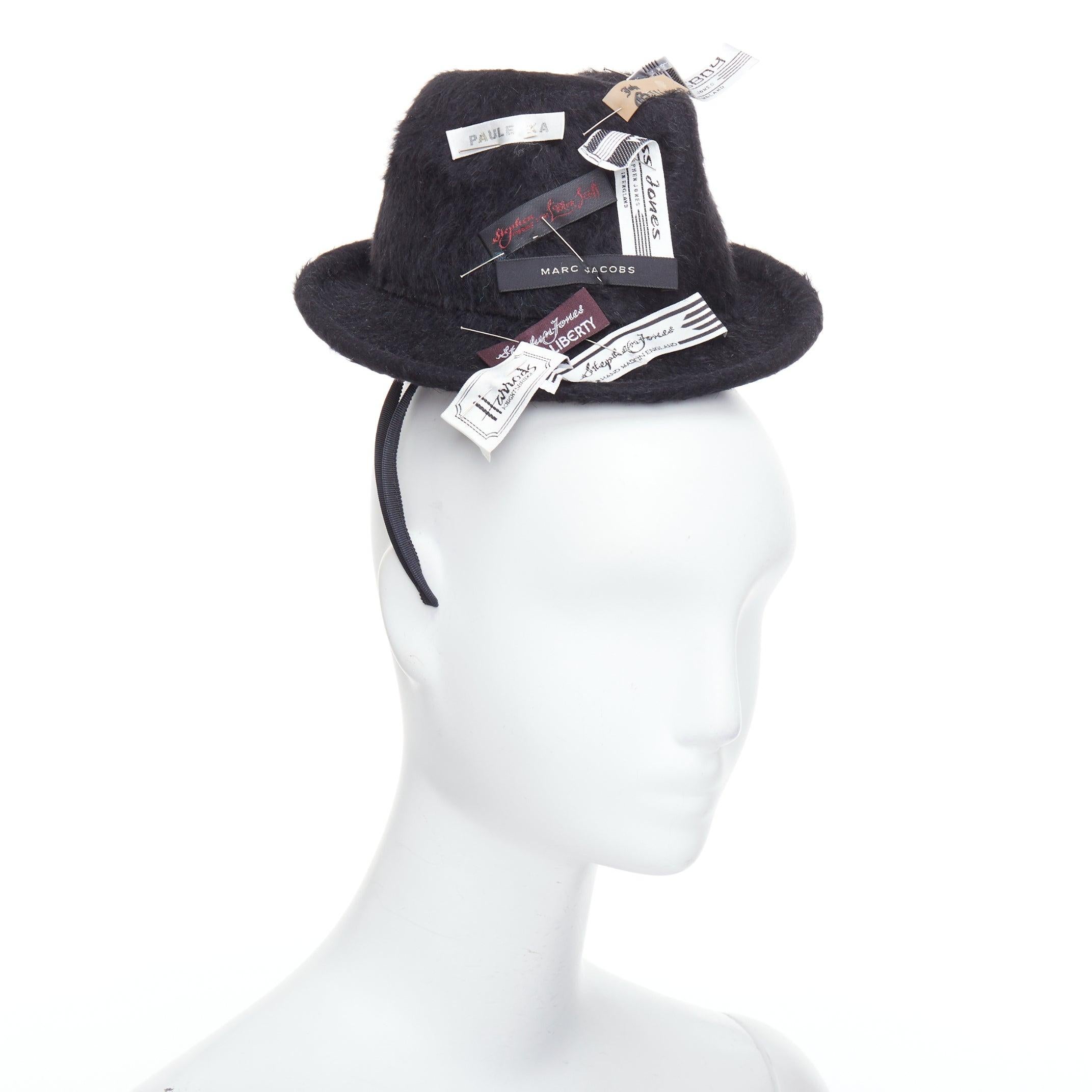 Black rare STEPHEN JONES MILLINERY 2008 PLU melusine mini trilby multi label top hat For Sale