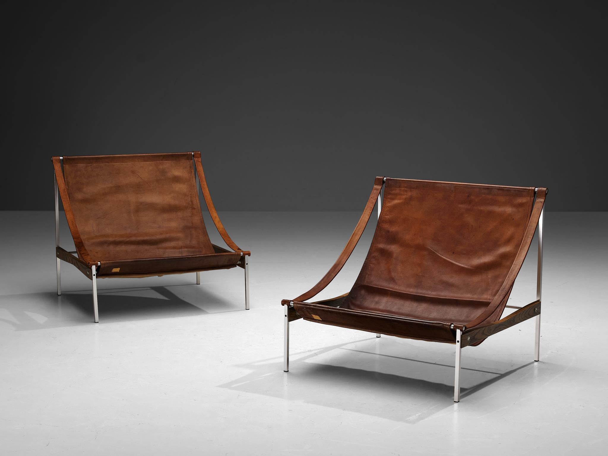 Rare Stig Poulsson Pair of 'Bequem' Lounge Chairs in Brown Leather  In Good Condition In Waalwijk, NL