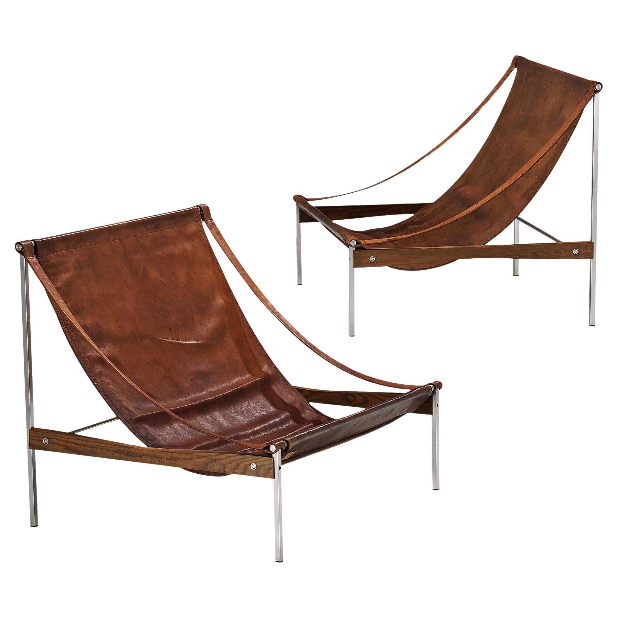 Rare Stig Poulsson Pair of 'Bequem' Lounge Chairs in Brown Leather 