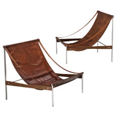 Rare Stig Poulsson Pair of 'Bequem' Lounge Chairs in Brown Leather 