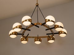 Rare Stilnovo chandelier brass and nine opaline shades. Italy c1950