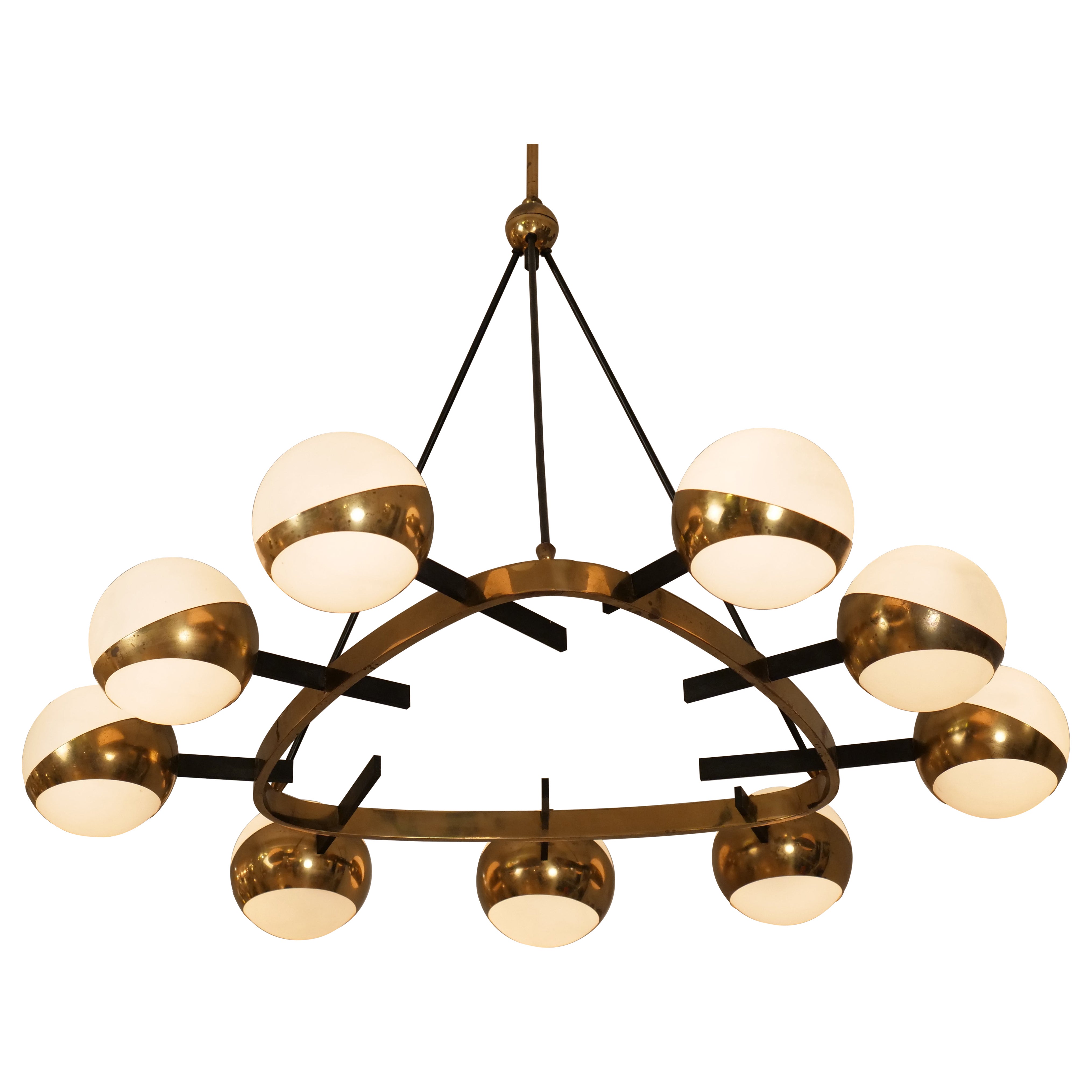 Rare Stilnovo chandelier brass and nine opaline shades. Italy c1950