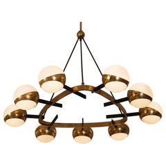 Rare Stilnovo chandelier brass and nine opaline shades. Italy c1950