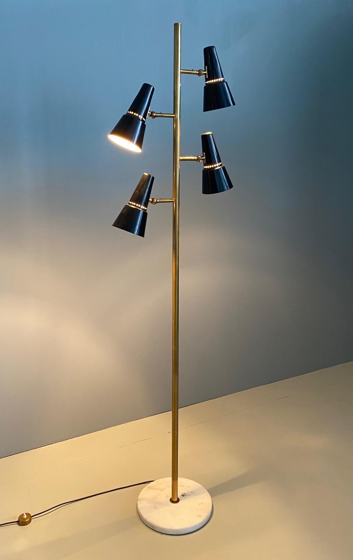 20th Century Rare Stilnovo Floor Lamp Four Arms Brass, Italy, 1950s For Sale