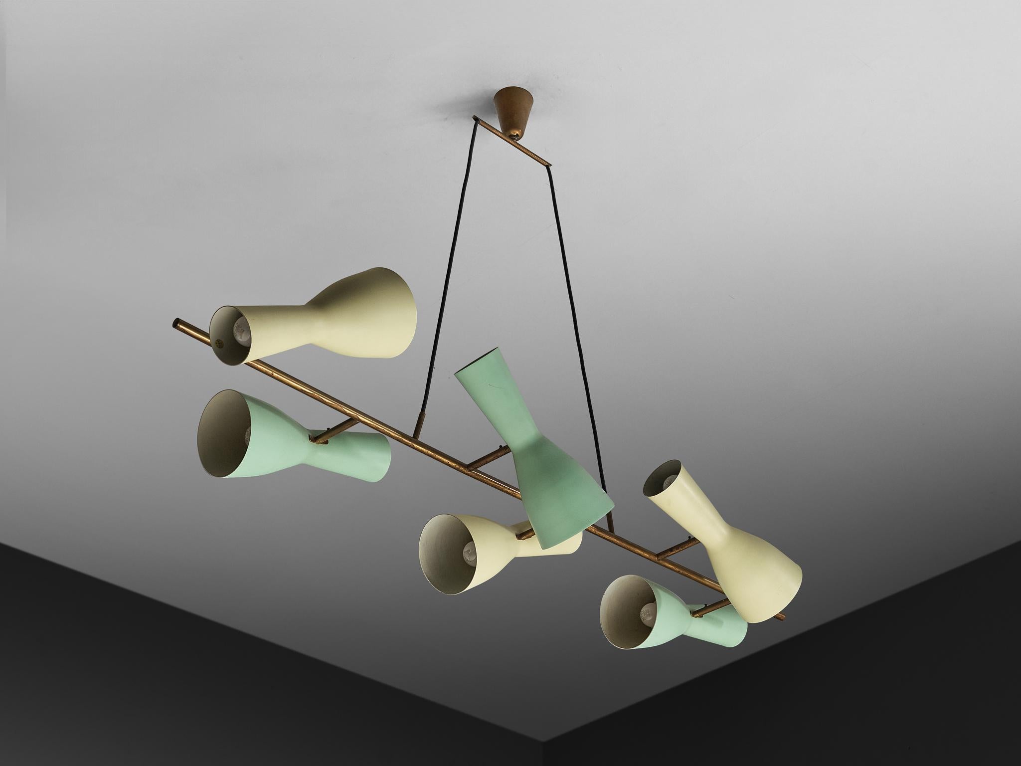 Rare Stilnovo Large Chandelier in Brass with Mint Green and Pastel Yellow Shades For Sale 3