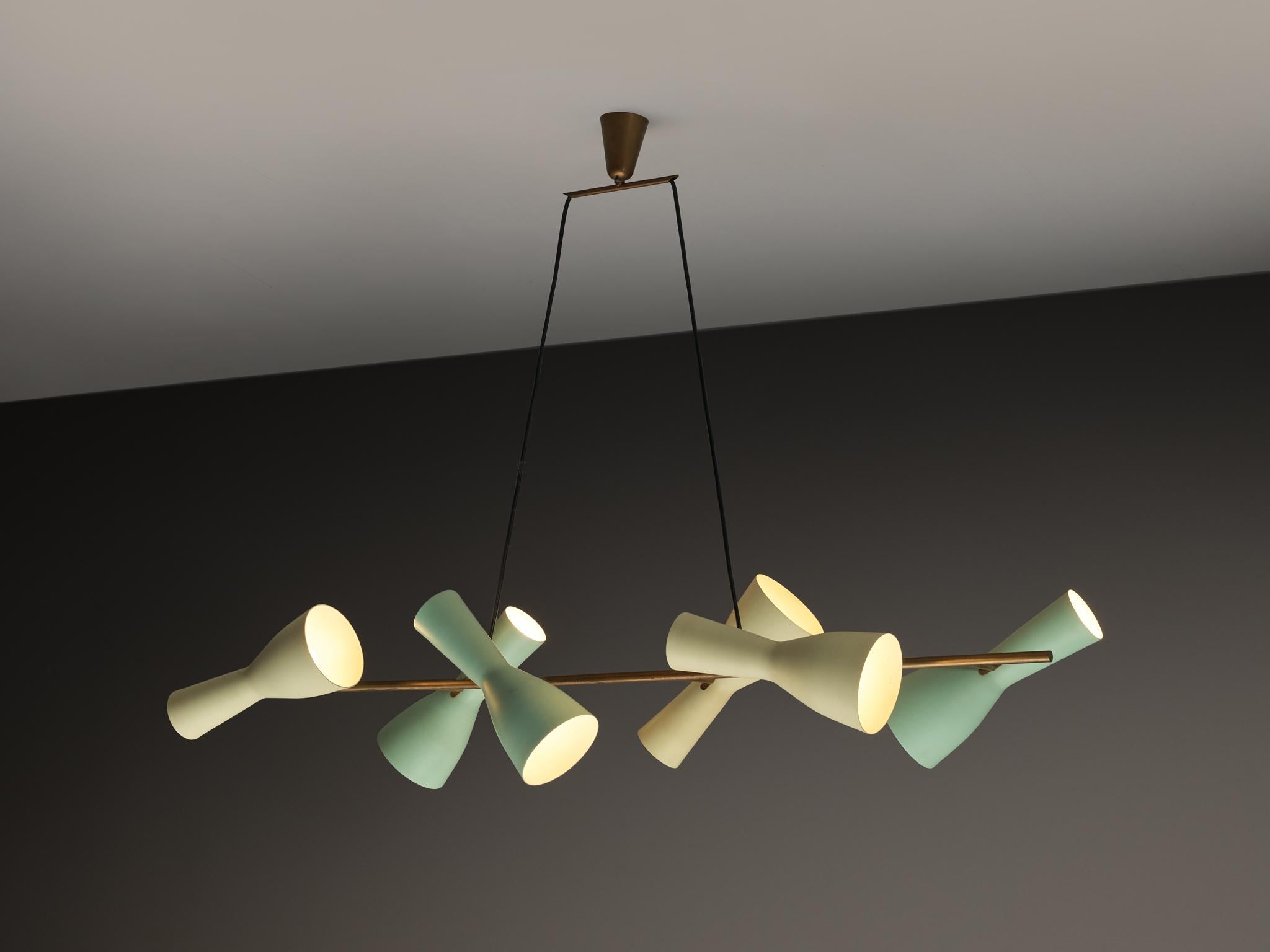 Stilnovo, chandelier, brass, coated aluminum, Italy, 1950s 

This refined chandelier by Stilnovo perfectly exemplifies Italian Mid-Century Design from the 1950s. Each shade is crafted in the same style: a double-conical, hourglass form that embodies